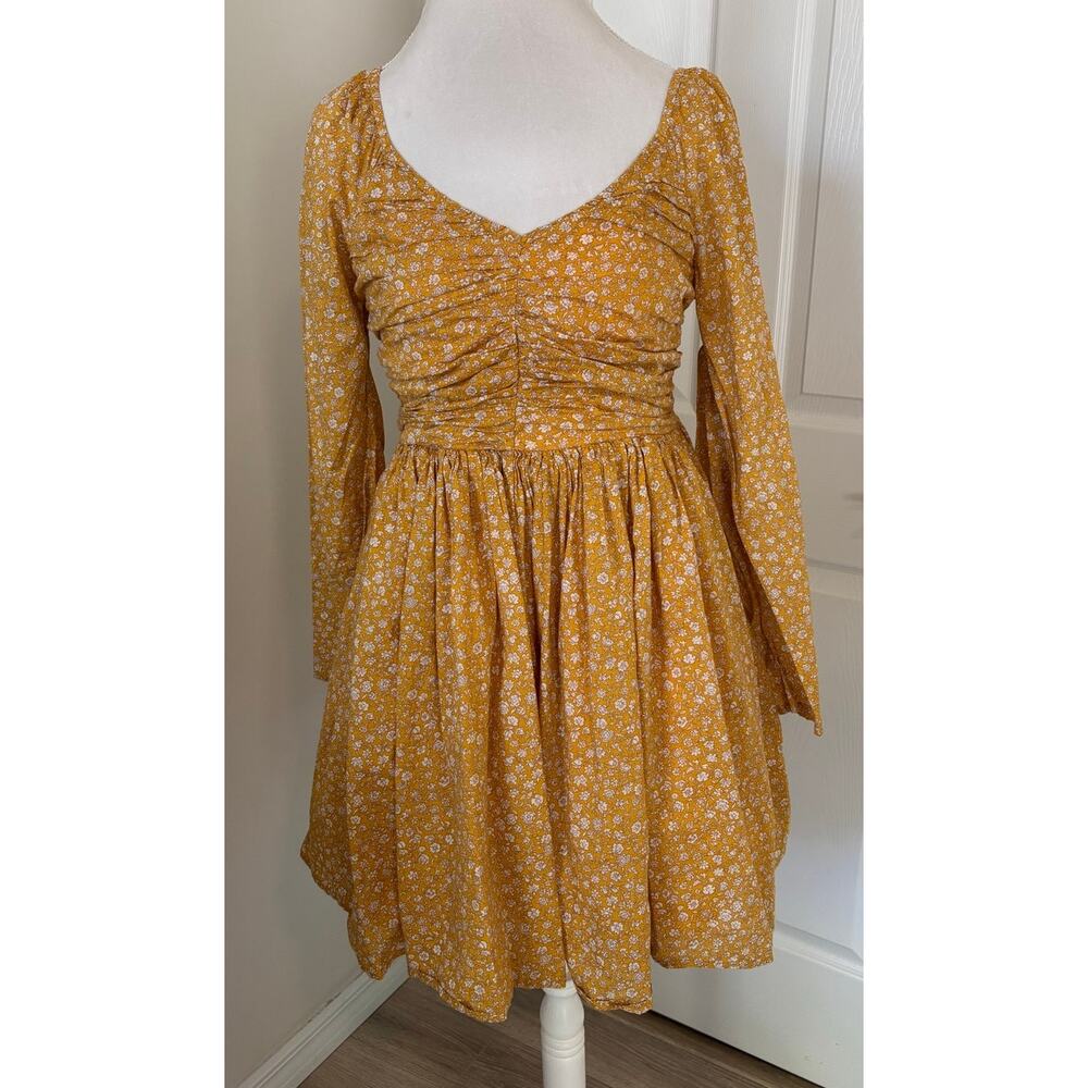 American Eagle Floral Ruched Long-Sleeve Mini Dress Floral Print Yellow Large